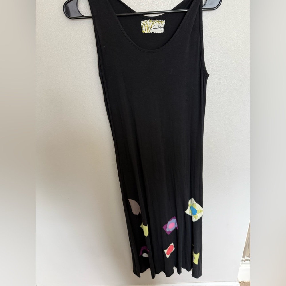 Black Sleeveless Maxi Sundress with Crew Neck Patchwork Bamboo Artsy Boho Size S